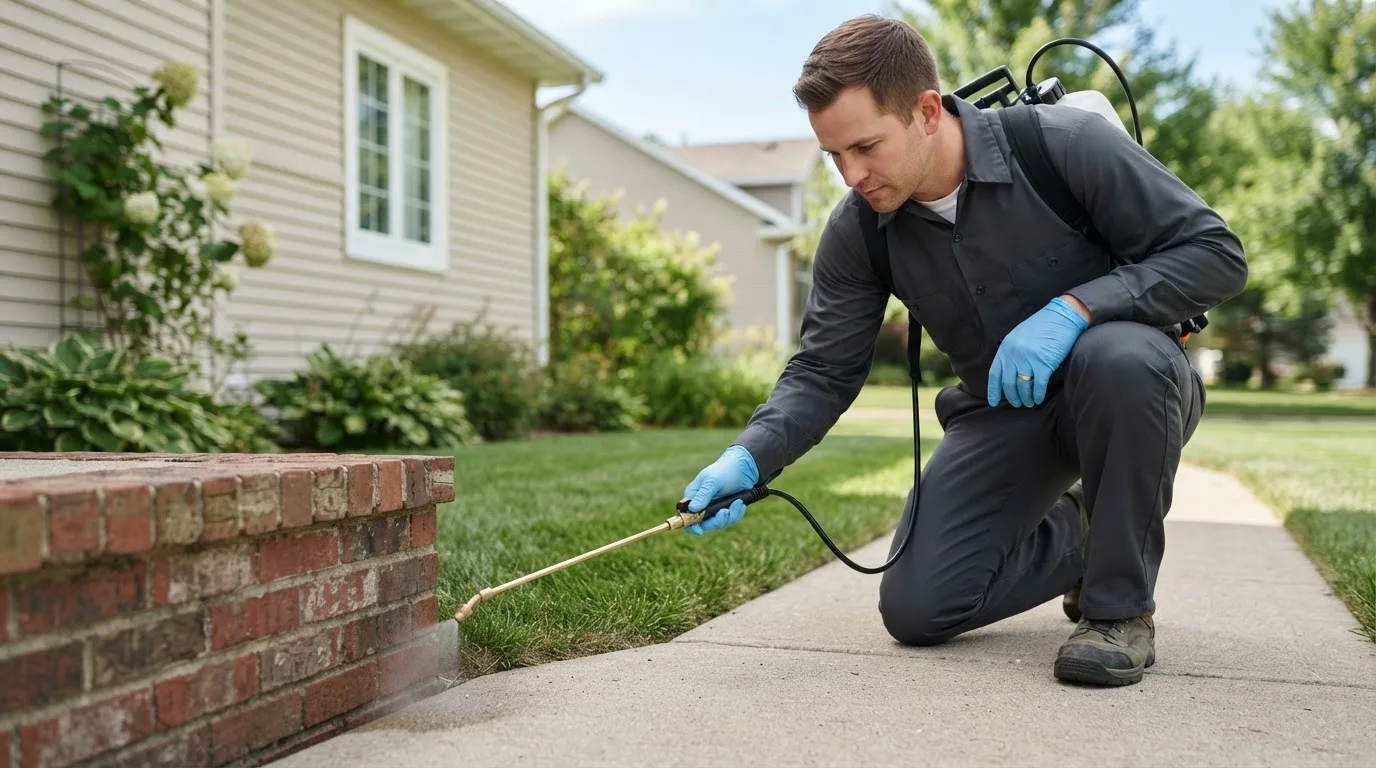 Pest control technician treating a home near Moore, OK