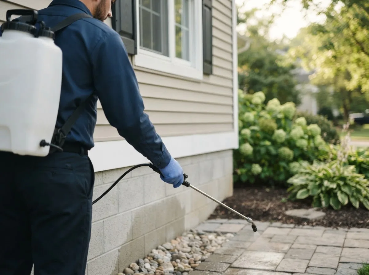 Pest control technician inspecting a home in Moore, OK